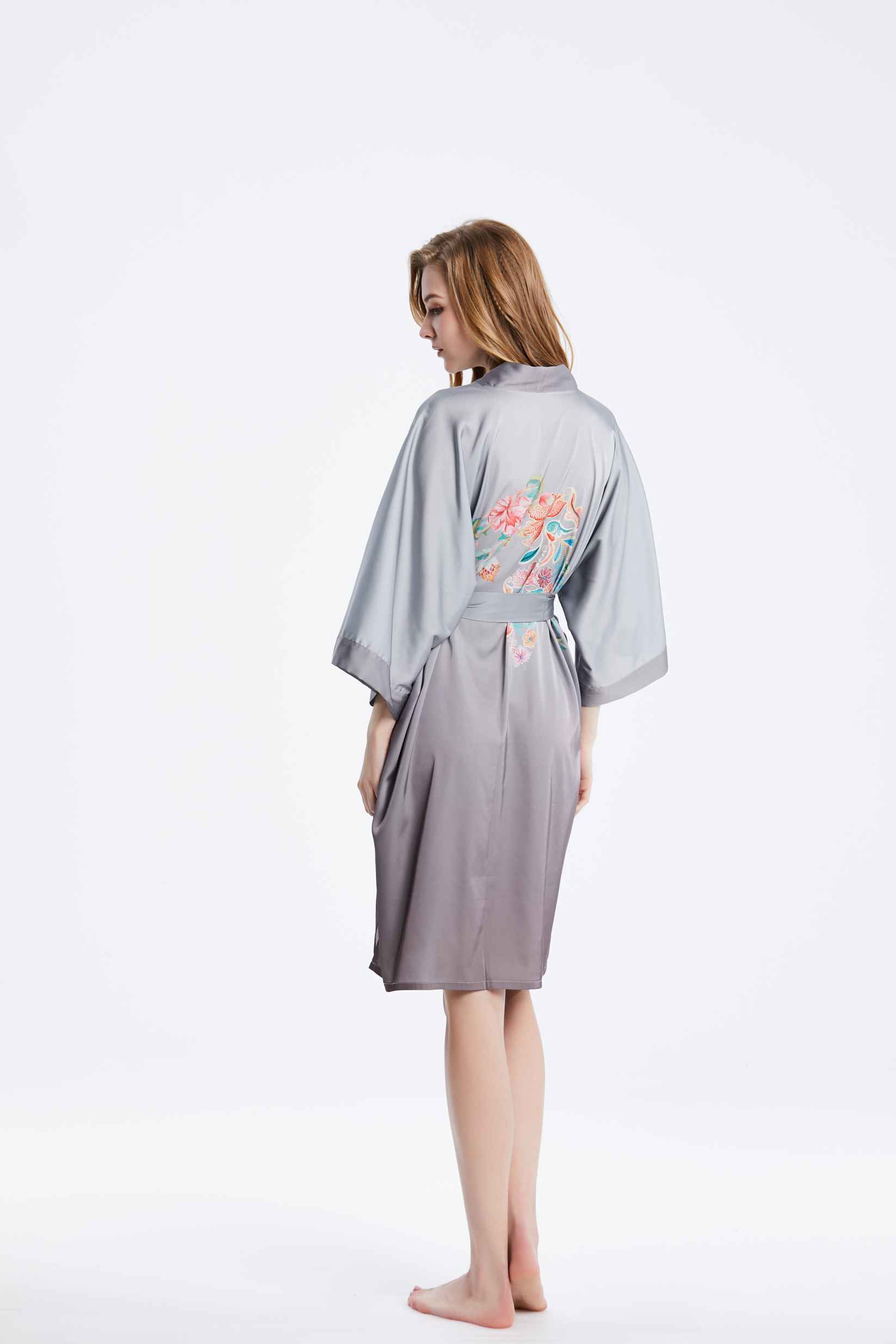 Best Ladies Washable Satin Silk Gray Color Floral Print Kimono Bathrobe Nightgown Bulk buy Wholesale