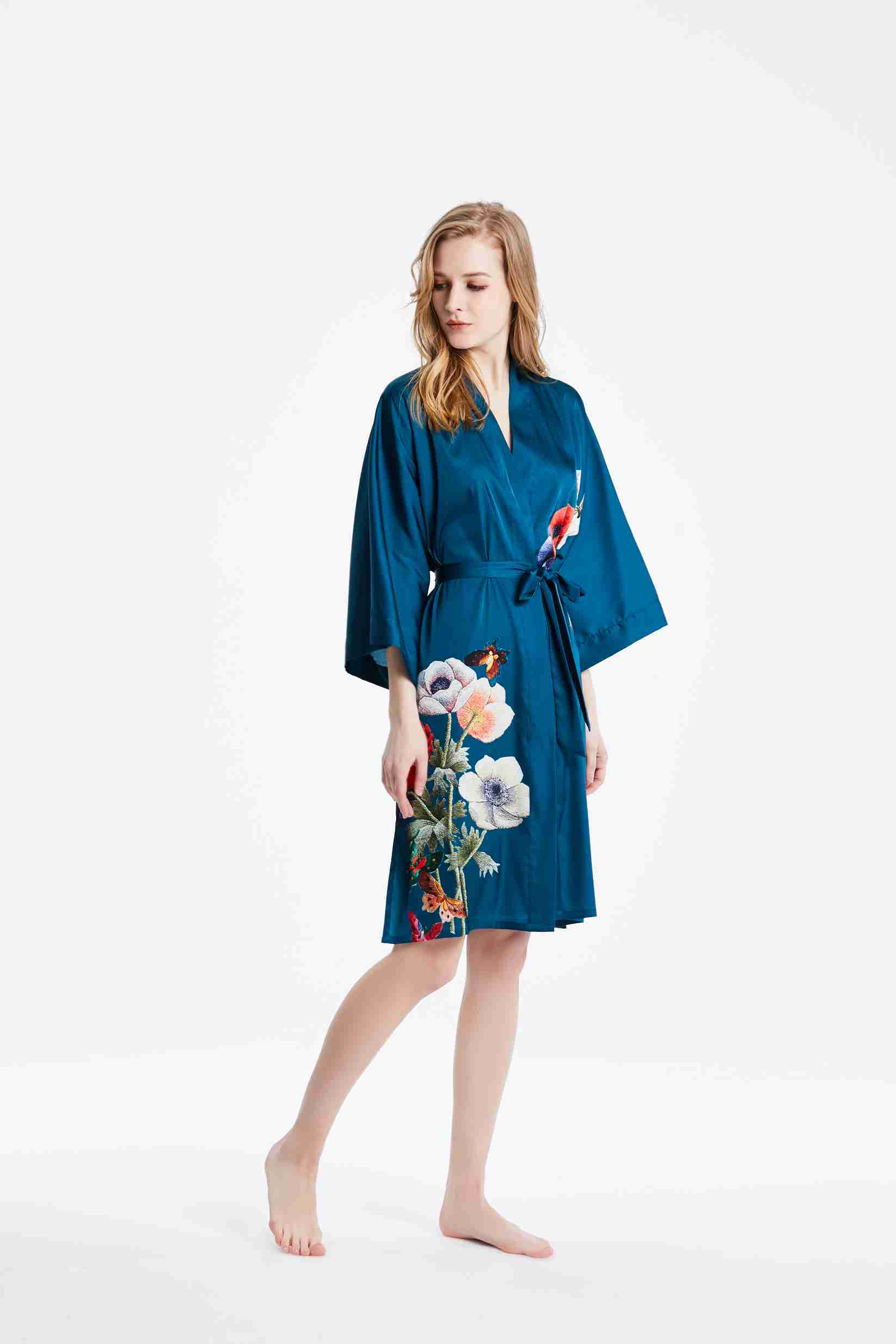 Best Ladies Washable Satin Silk Floral Print Kimono Short Bathrobe Nightgown in Santa Green Bulk buy Wholesale