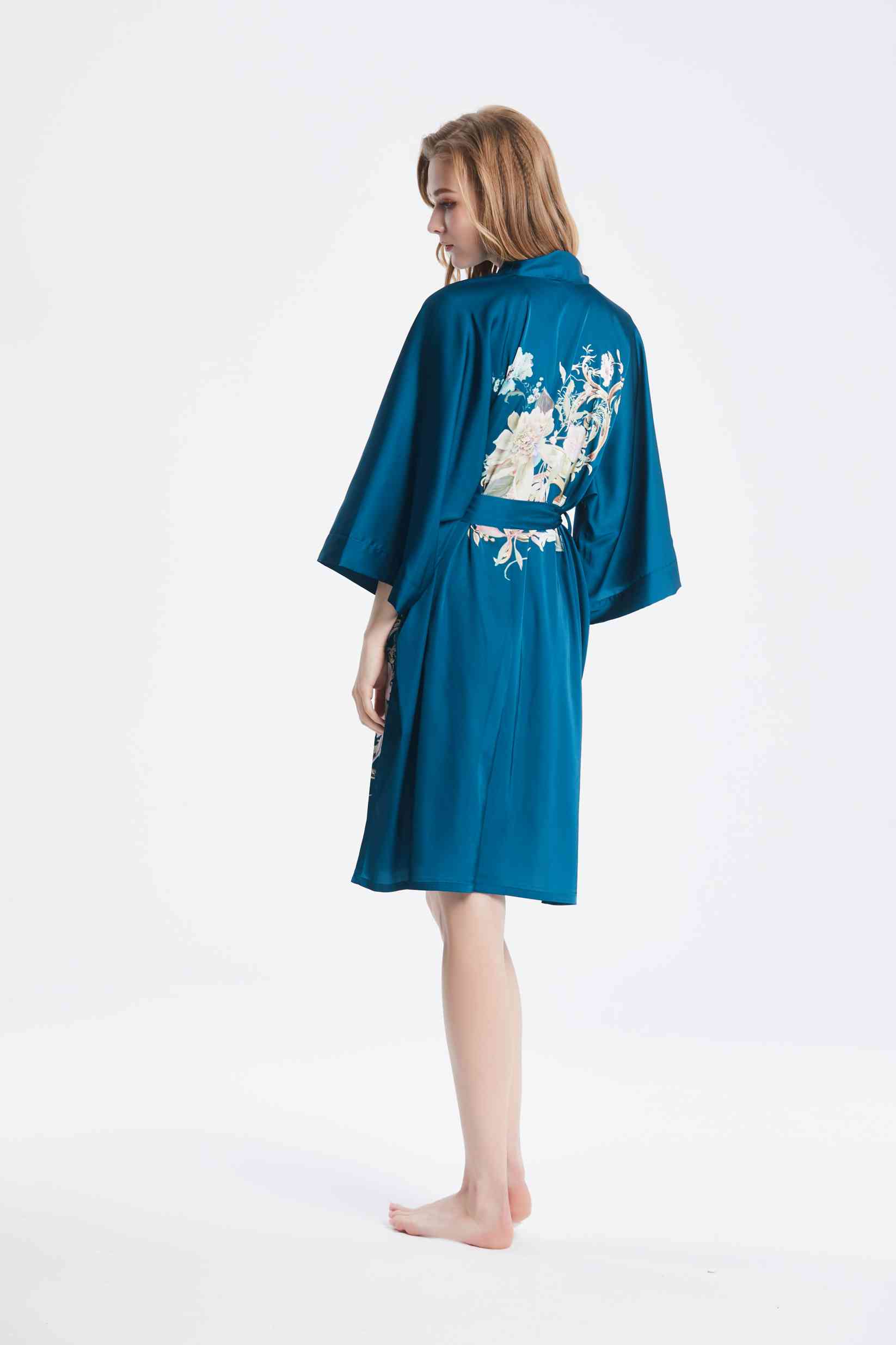 Best Ladies Short Sheer Washable Silk Blue Kimono Bathrobe Cardigan Gownnighty with Print Factory Wholesale