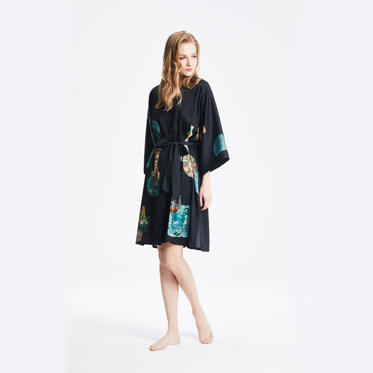 Best Ladies Short Satin Silk Black Kimono Robe Nightgown with Print Bulk buy Wholesale