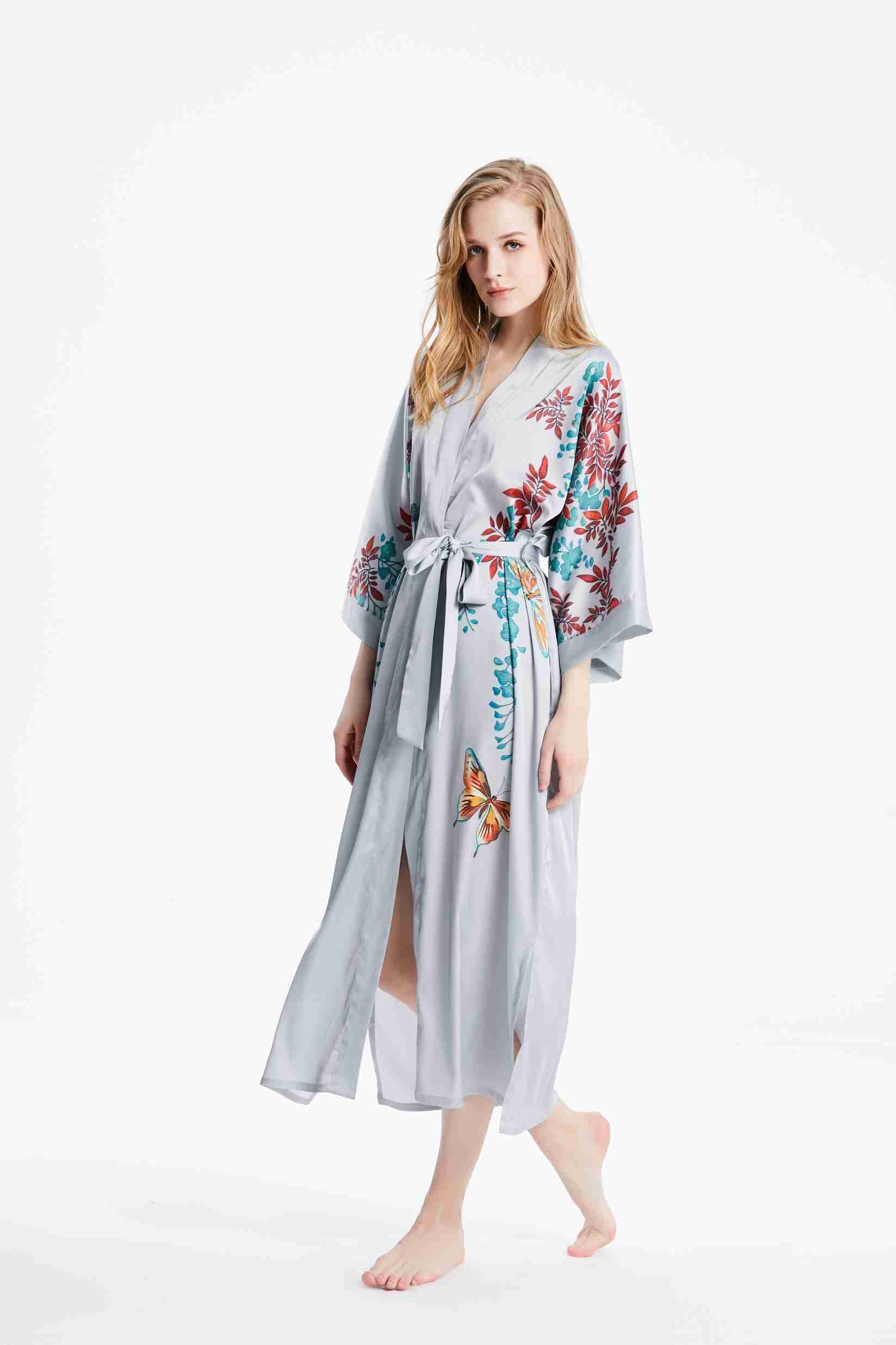 Best Ladies Long Authentic Silk Gray Kimono Robe Nightgown with Custom Floral Print Factory Wholesale