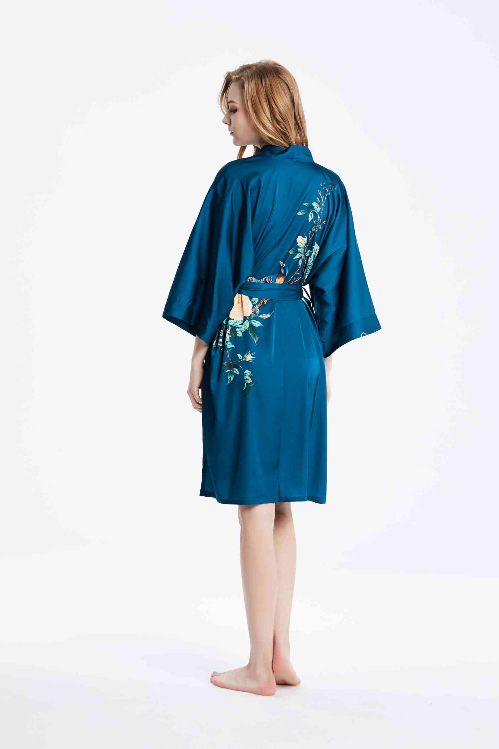 Best Ladies Washable Satin Silk Floral Print Kimono Short Bathrobe Nightgown with 3/4 sleeve in Navy Bulk buy Wholesale