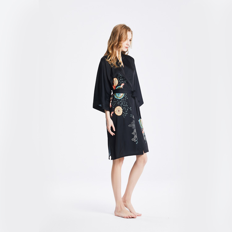 Womens Short Satin Silk Black Japanese Printed Kimono Robe Nightgown with 3/4sleeve Bulk buy Wholesale