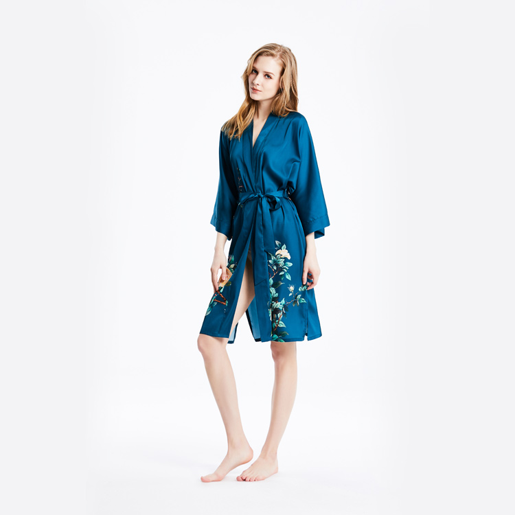 Best Ladies Short Sheer Washable Silk Blue Kimono Bathrobe Cardigan Nightgown with 3/4 SleeveFactory Wholesale