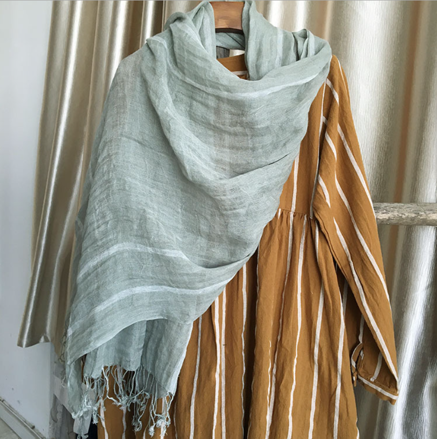 Custom Stripe Grey Green Color Linen Scarf with Trimmed for Women China Supplier