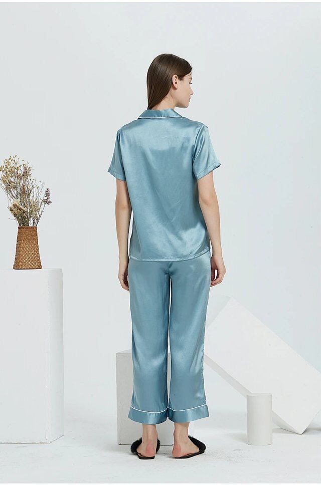 Custom Plus Size Royal Blue Short Sleeves Silk Pajamas Set for Womens ...