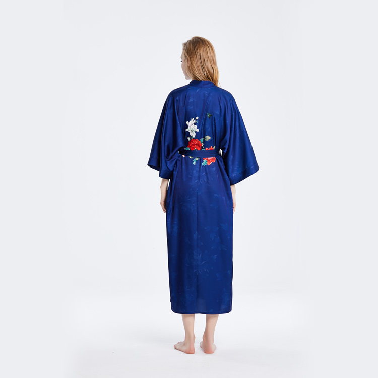 Best Ladies Floor Length Luxury 100 Silk Blue Kimono Robe Nightgown custom Print Factory Wholesale