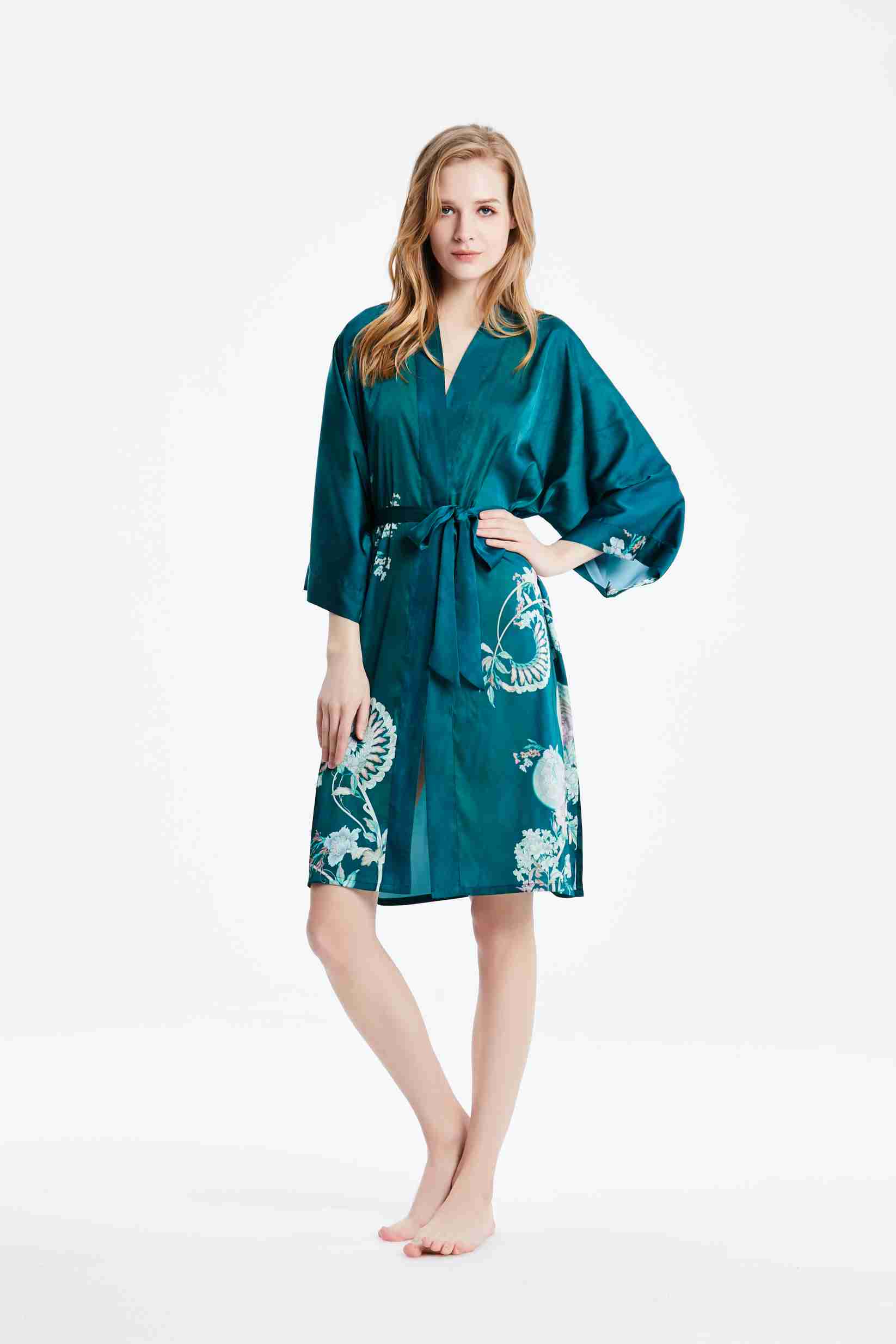 Best Ladies Luxury Satin Silk Kimono Short Bathrobe Nightgown with 3/4 sleeve in Santa Green Floral Print Factory Wholesale