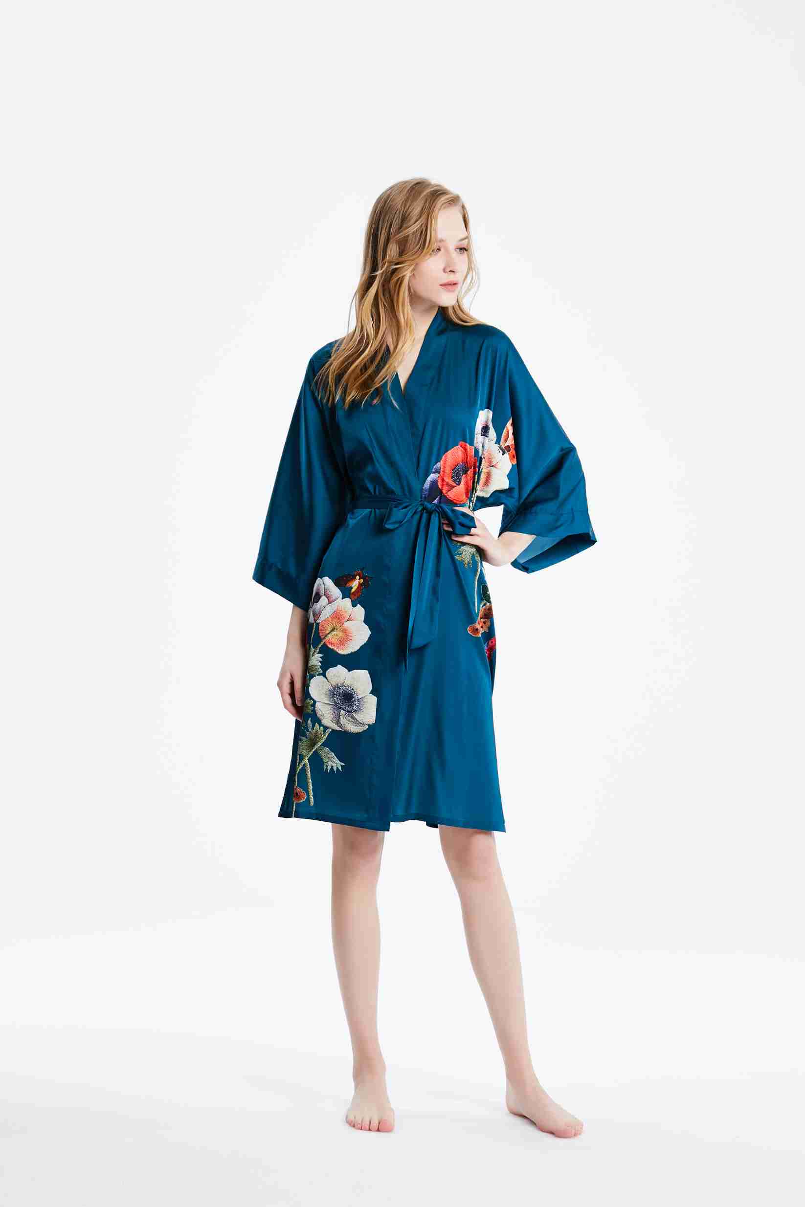 Best Ladies Washable Satin Silk Floral Print Kimono Short Bathrobe Nightgown in Santa Green Bulk buy Wholesale
