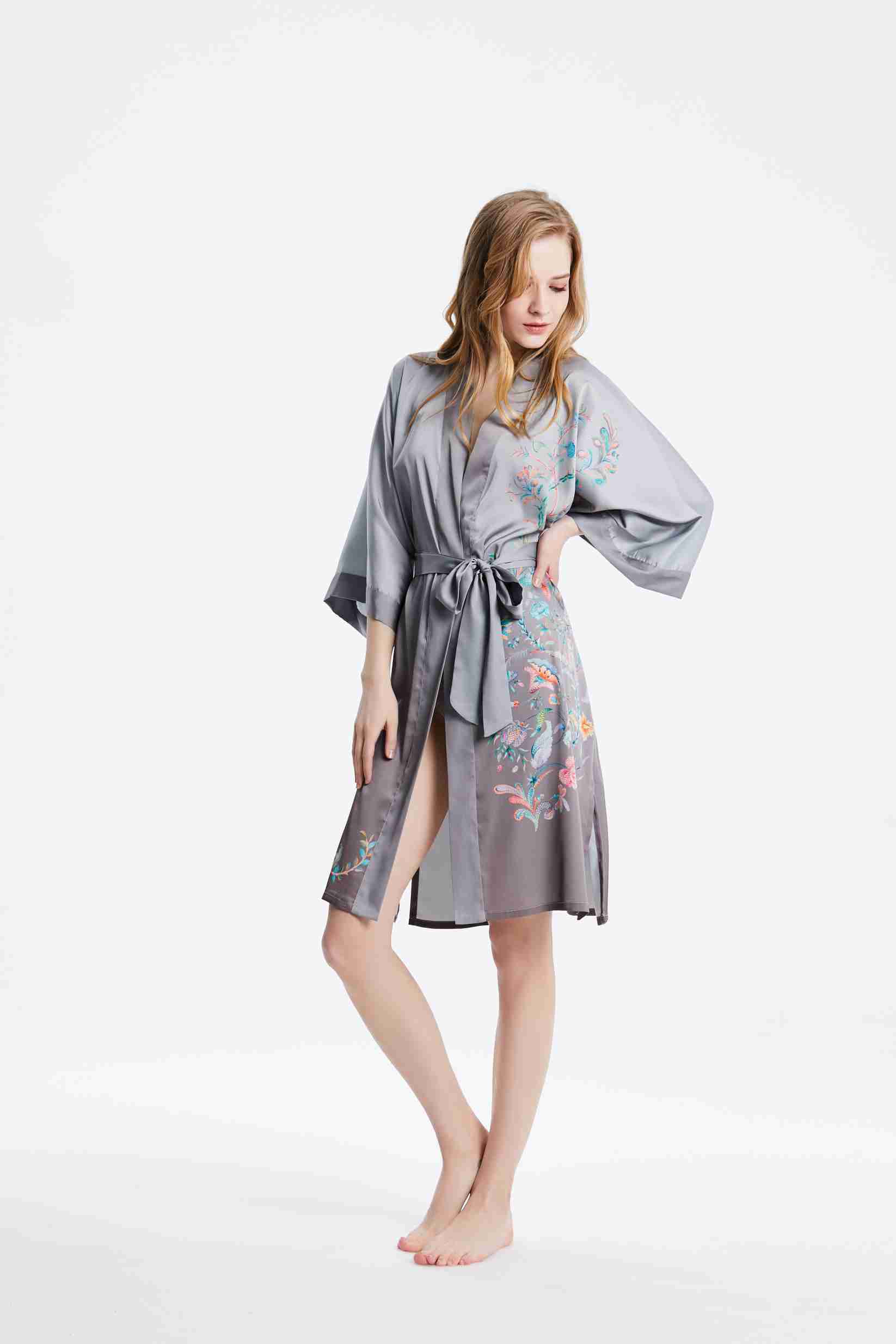 Best Ladies Washable Satin Silk Gray Color Floral Print Kimono Bathrobe Nightgown Bulk buy Wholesale