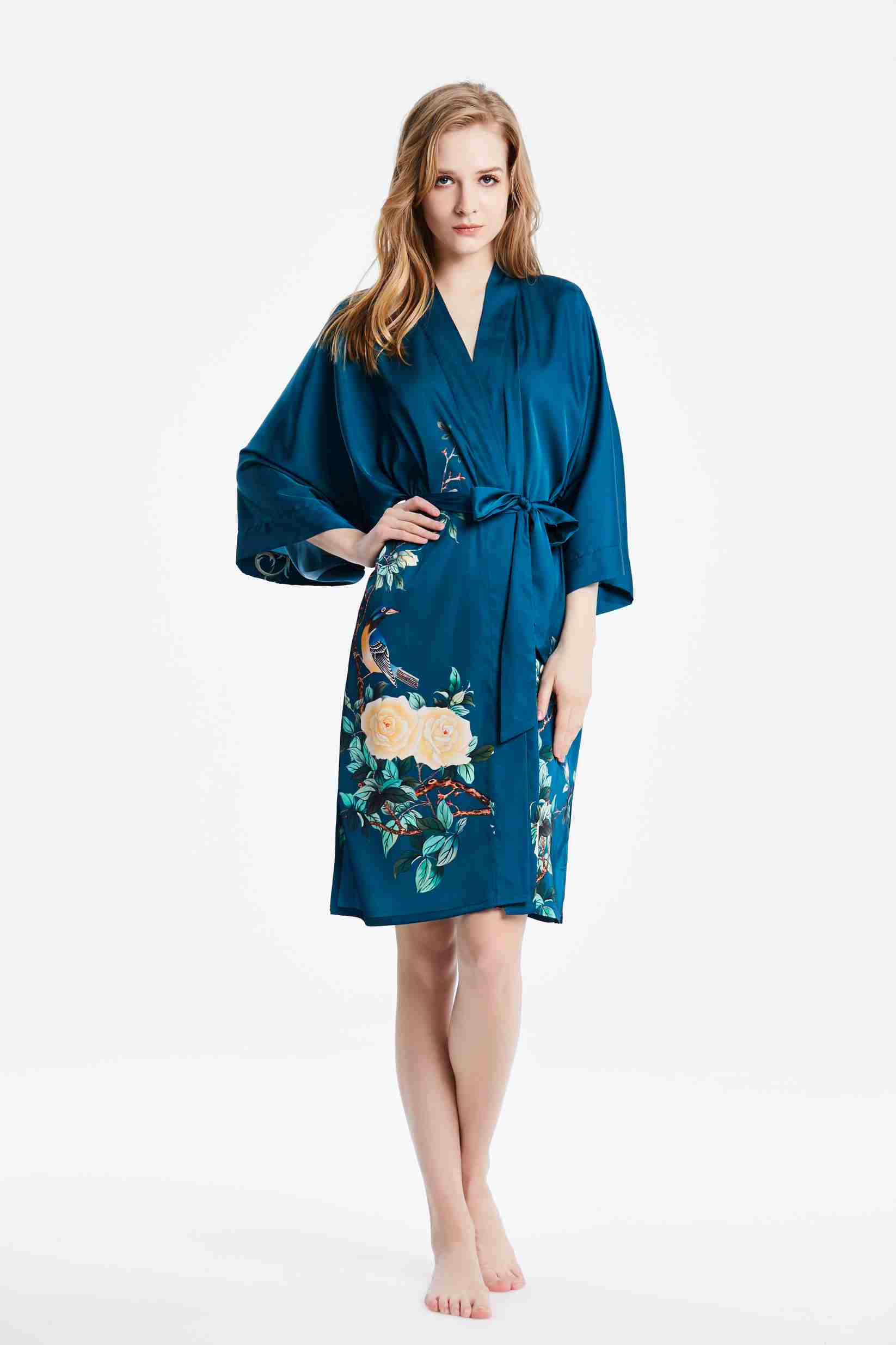 Best Ladies Washable Satin Silk Floral Print Kimono Short Bathrobe